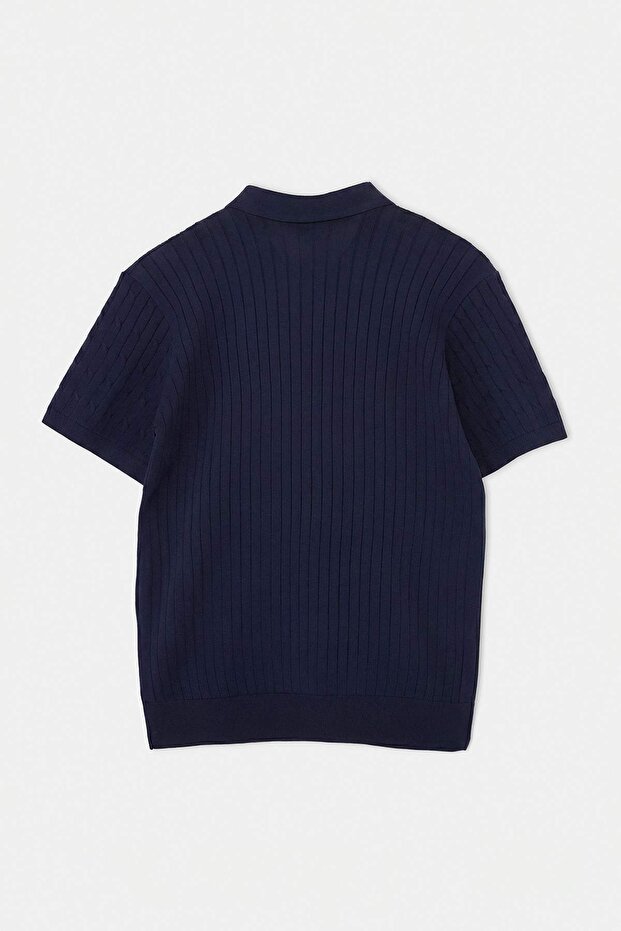 Lacivert Regular/Normal Kesim Nakışlı Dokulu Triko Polo Yaka T-shirt TMNAW27PO00004 - 6