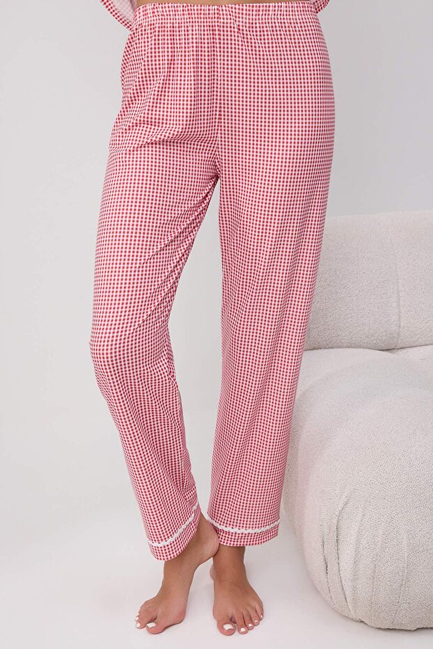 Kırmızı 3'lü Ekoseli Brodeli Şerit Detaylı Örme Pijama Takımı THMSS26PT00062 - 3