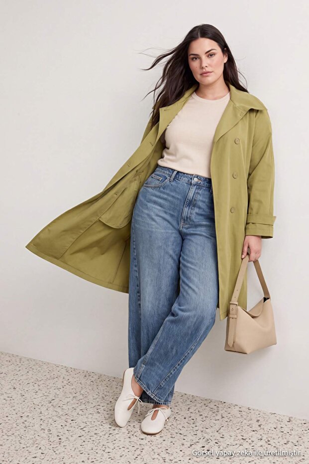 Haki Dik Yaka Pamuklu Oversize Büyük Beden Trençkot TWOAW27BM00006