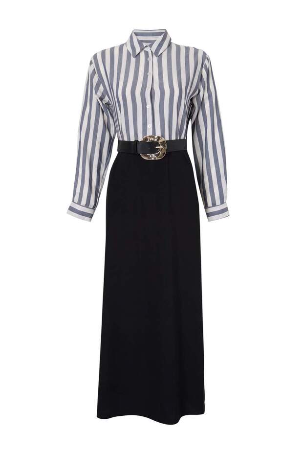 Lacivert Astarsız Çizgili Dokuma Elbise&Tulum Terrycotton Tesettür Elbise TCTAW27EB00036