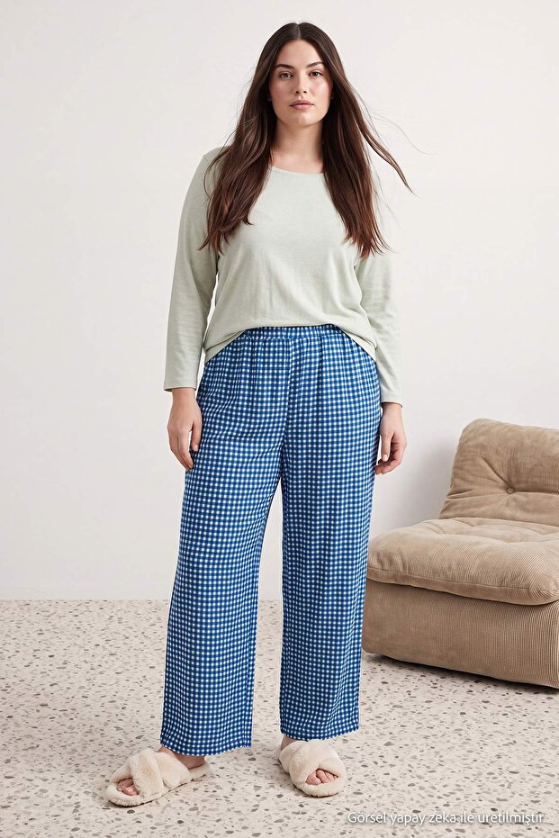 Lacivert Kareli/Puantiyeli 2'li Paket Örme Büyük Beden Pijama Altı TBBAW27IA00004 - 2