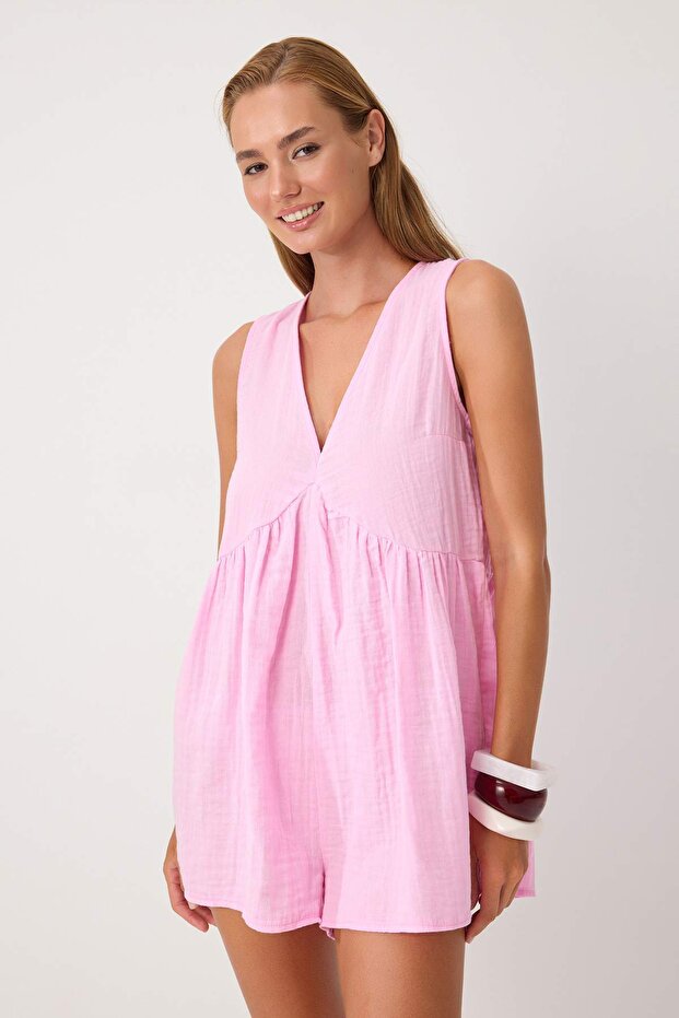 Pembe Dokuma Mini 100% Pamuk Müslin Plaj Tulum TBESS26TU00003 - 2