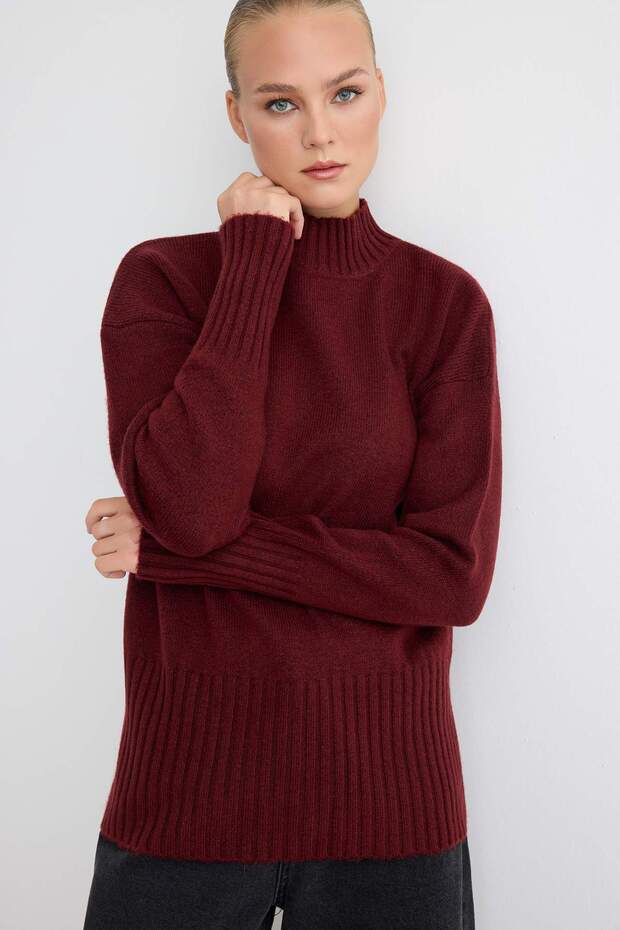 Bordo Geniş Kalıp Yumuşak Dokulu Basic Triko Kazak TWOAW23KZ00490 - 3