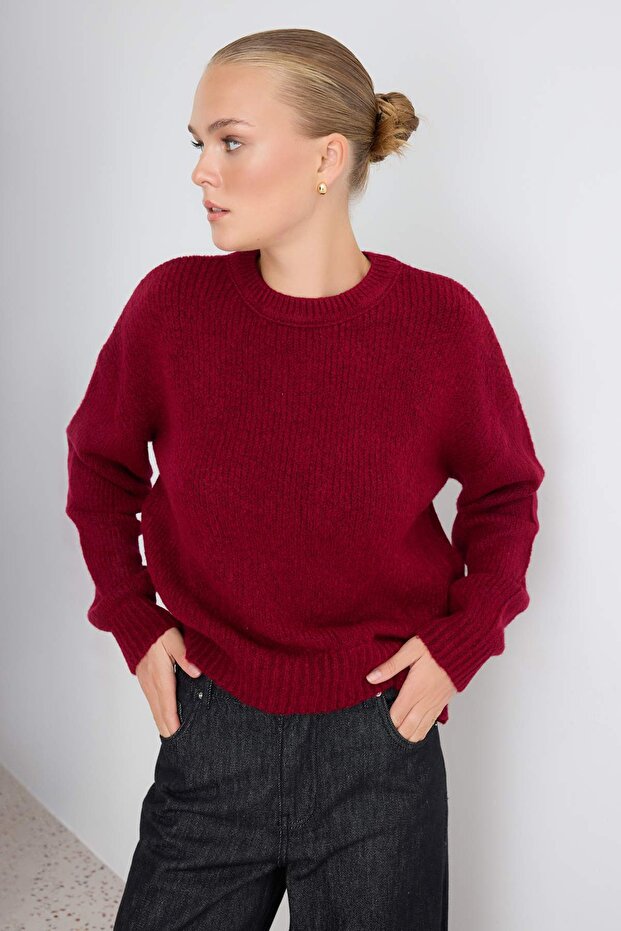 Bordo Geniş Kalıp Yumuşak Dokulu Basic Triko Kazak TWOAW23KZ00185 - 3