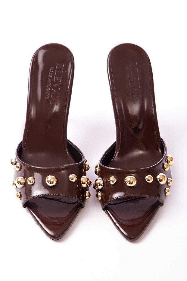 Women's Gold Stone Heeled Pointed Toe Casual Slippers Coffee
