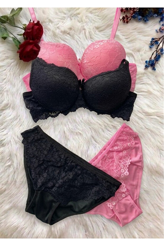 Women's Black and Pink Padded Underwire Lace 2-Piece Bra Set