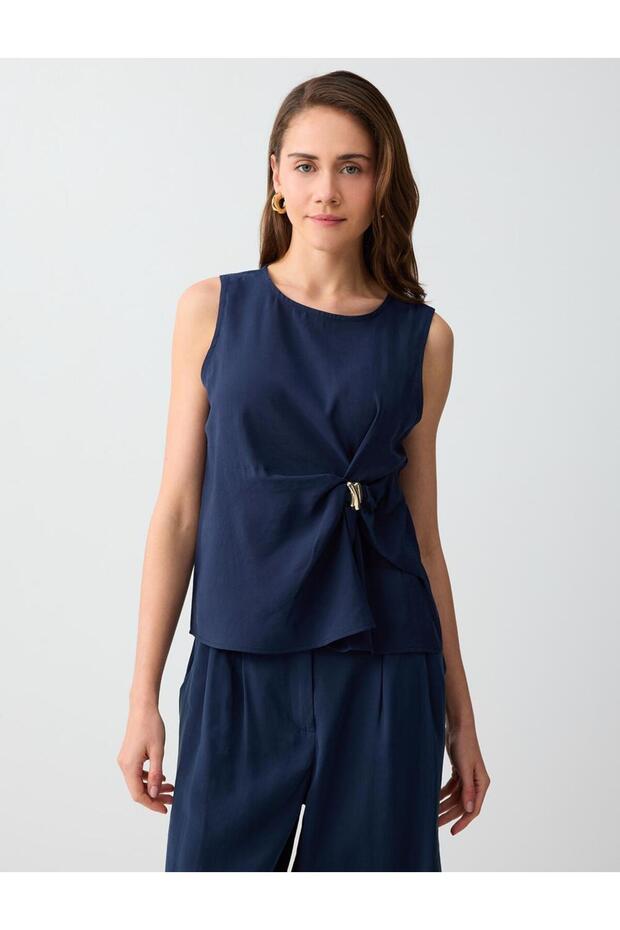 Navy Blue Gathered Detailed Round Neck Sleeveless Woven Blouse