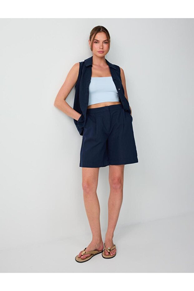 Navy Blue Linen Blend Straight Cut High Waist Woven Shorts