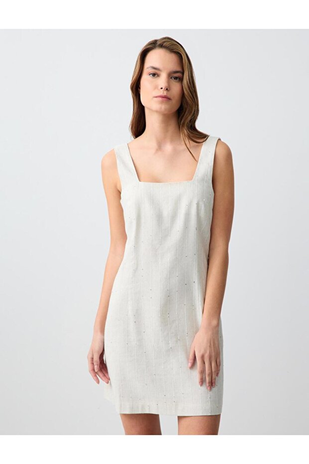 Stone Square Neck Sleeveless Woven Linen Blend Mini Dress