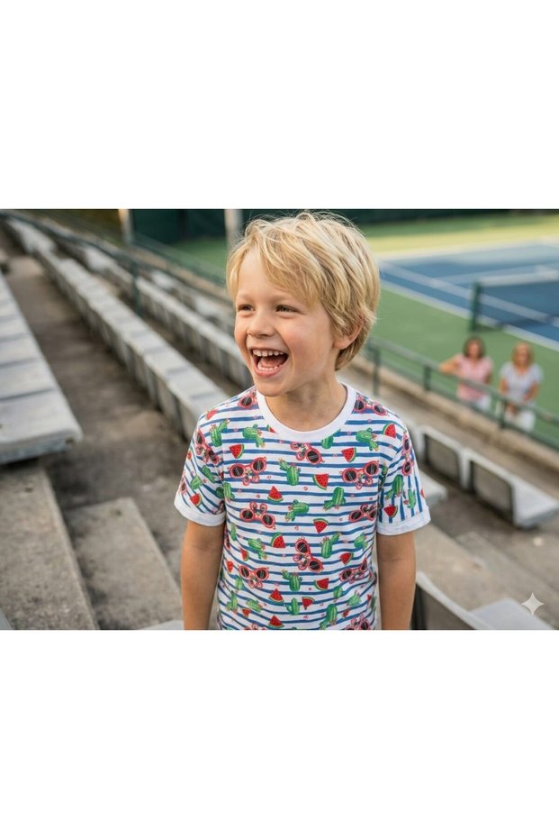 Boy's Striped Watermelon and Cactus Patterned Cotton T-Shirt