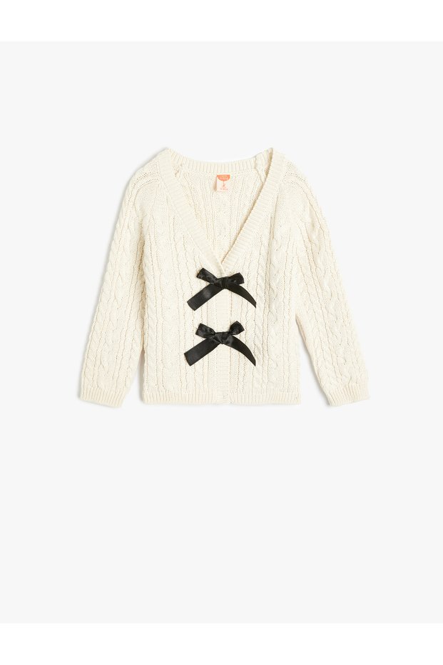 Bow Detailed V-Neck Long Sleeve Knitwear Cardigan