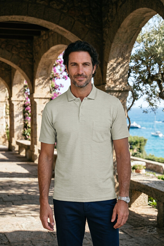 Men's Polo Collar Short Sleeve Classic Fit Buttoned Pocket Combed Cotton Beige T-Shirt Classic Fit - 5302