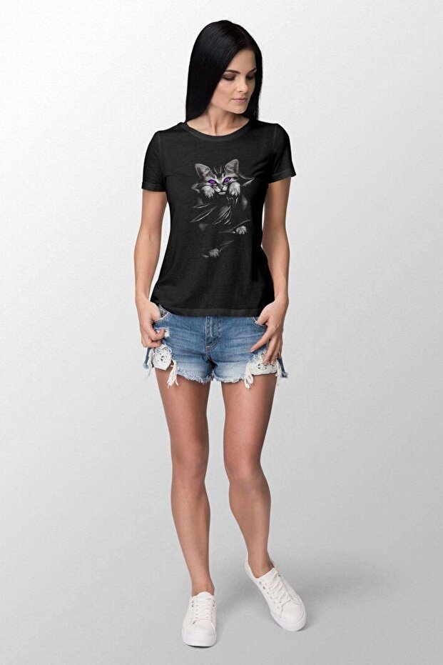 Cat Printed Slim Fit Women's Black T-Shirt