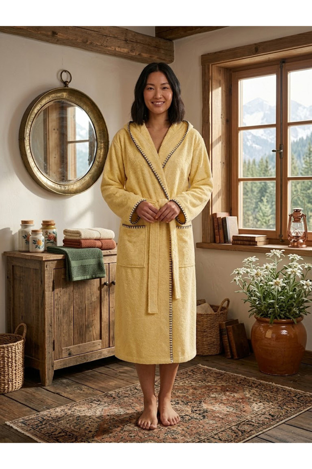 Hooded Long Women's Bathrobe – Cotton Kimono Shepherd Stitched Bathrobe