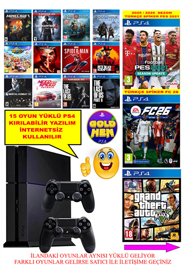 GlowTech Bursa PS4 1TB FAT Kasa 15 Oyun Yüklü 2 Adet V2 Kol KIRILABİLİR YAZILIM YENİLENMİŞ cihaz 12 Ay Garanti