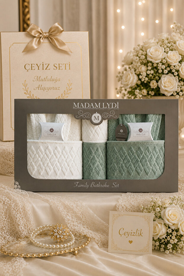 Damla 8 Piece Partial Velvet Bathrobe Set | Family Bathrobe Set | Dowry Bathrobe Set | Boxed | Green-Cream