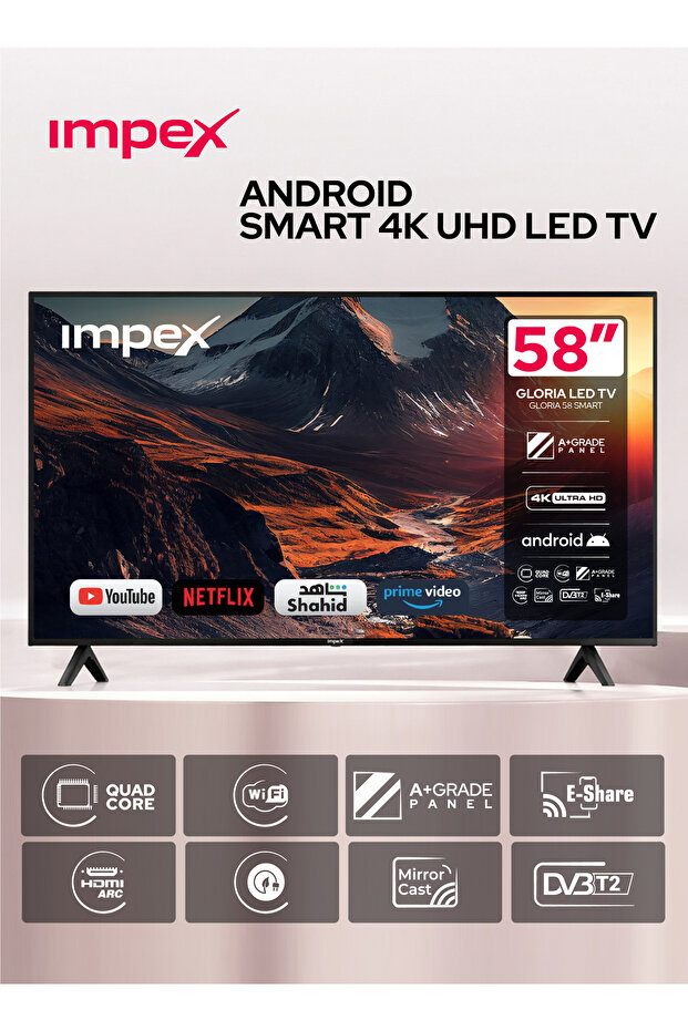 تلفزيون LED أندرويد 58 بوصة / 4K UHD. معالج رباعي النواة. واي فاي / 3 منافذ HDMI / 2 منافذ USB / GLORIA58