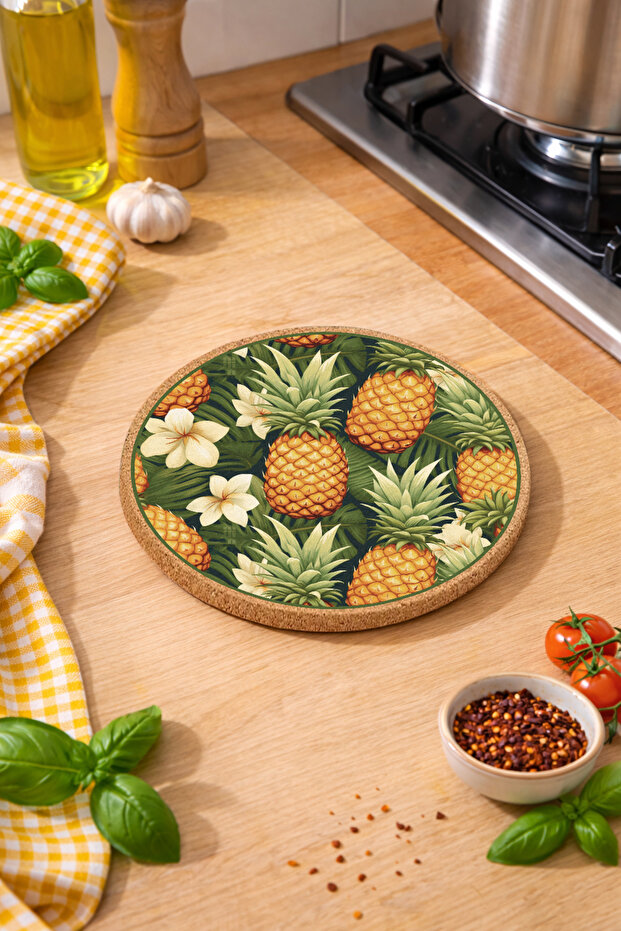 Pineapple Patterned Cork Trivet Pot Pan Mat 19cm Diameter 1cm Thickness