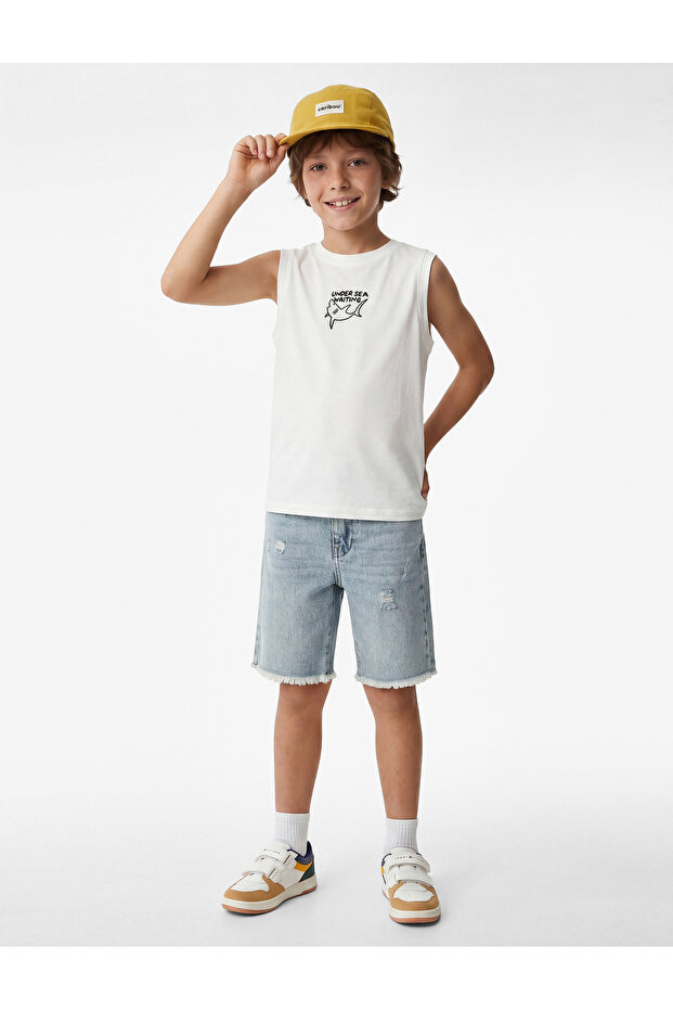 Cotton Sleeveless Crew Neck Undershirt with Embroidery Detail
