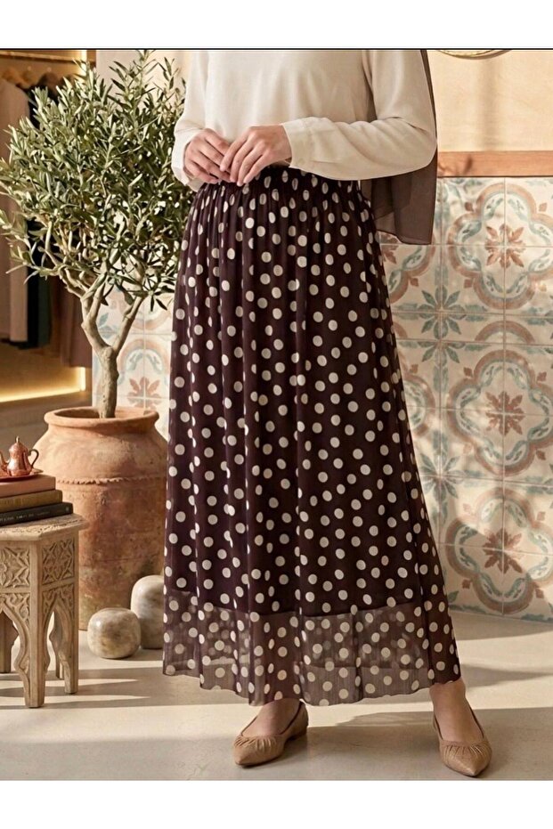 Lined Polka Dot Pattern Tulle Skirt with Elastic Waist, Compatible with Size 38/42