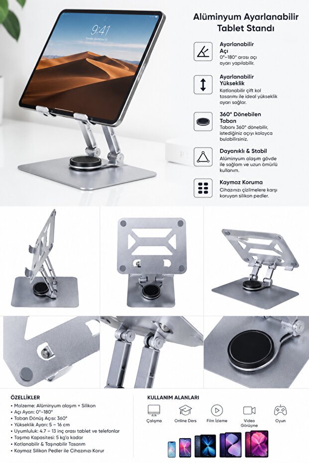 Tablet & iPad Stand Metal Portable Desktop Stand with 360 Degree Adjustable Angle