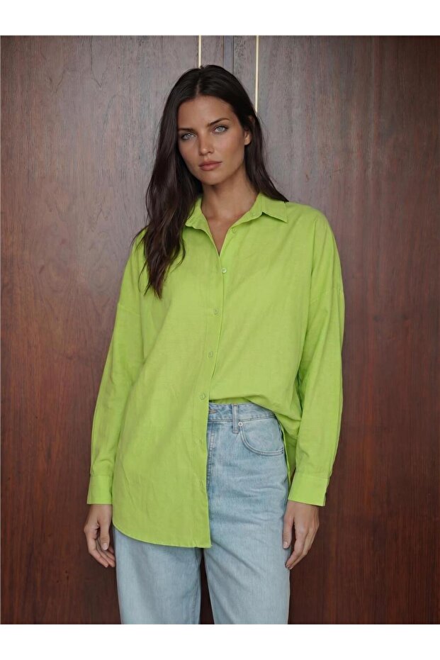 Çağla Cotton Off-Shoulder Long Sleeve Oversize Basic Shirt