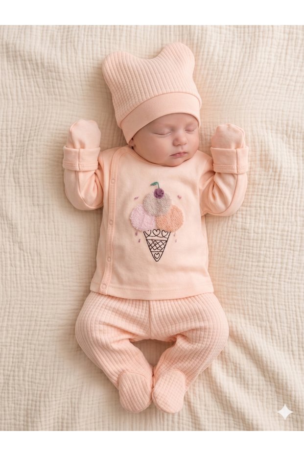 Baby Girl Ice Cream Knitted Pattern Bodysuit Hospital Discharge Set Newborn Outfit 0-3 Months Organic Cotton
