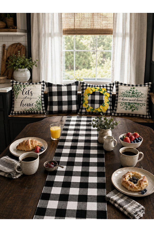 Black and White Plaid and Lemon Wreath Runner and Set of 4 Throw Pillows