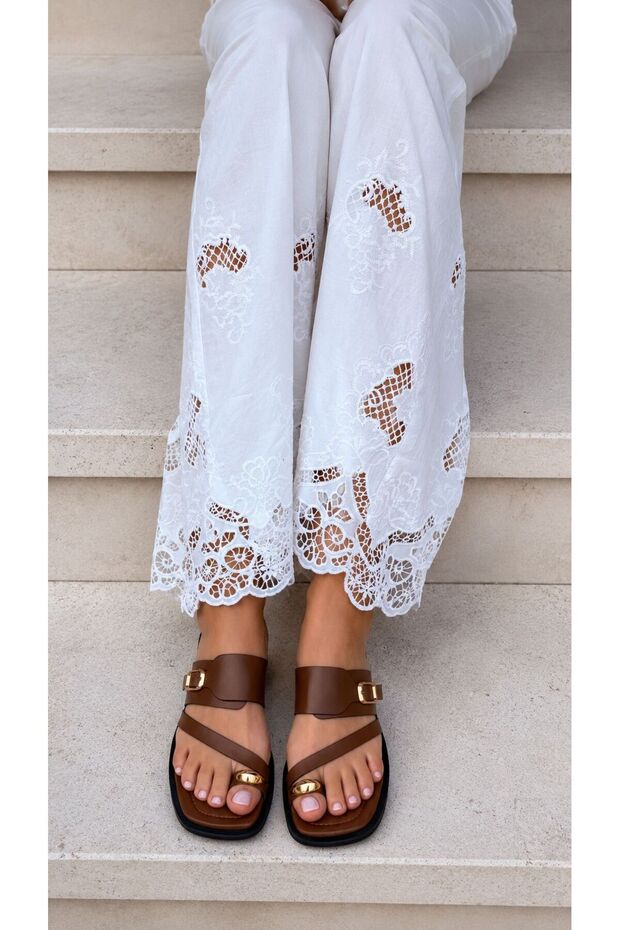 Lamalia Slippers Genuine Leather Tan Leather with Flip-Flop Detail