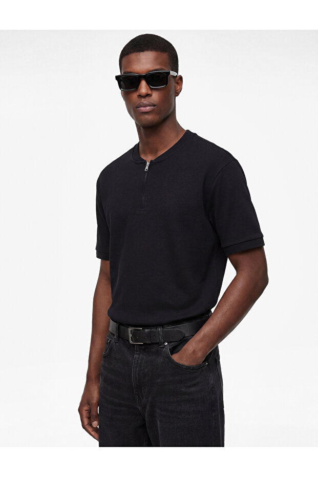 Cotton Half Zipper High Collar Short Sleeve T-Shirt