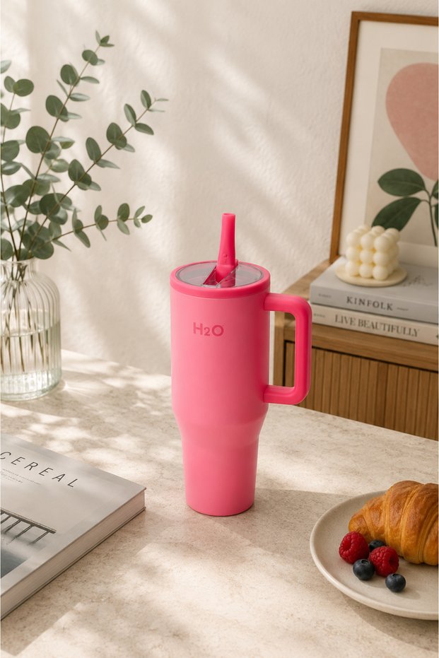 Thermos Mug with Straw Stainless Steel 900 ml |   Pink