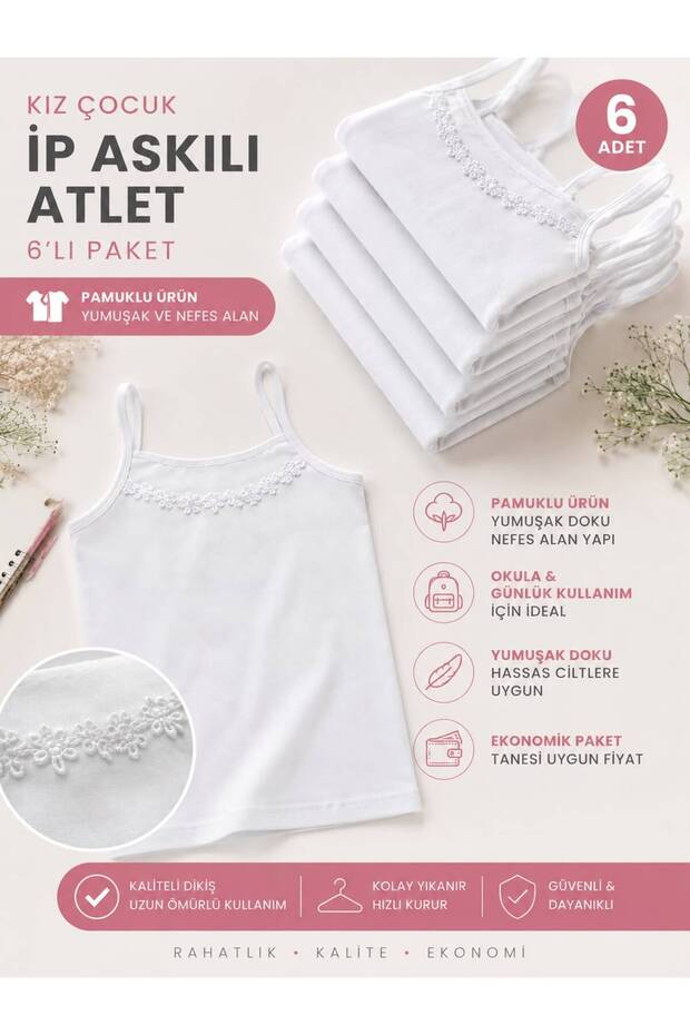 Gizem iç giyim KIZ ÇOCUK ATLET İP ASKI PENYE PAMUK'LU 6'LI PAKET DANTEL DETAYLI