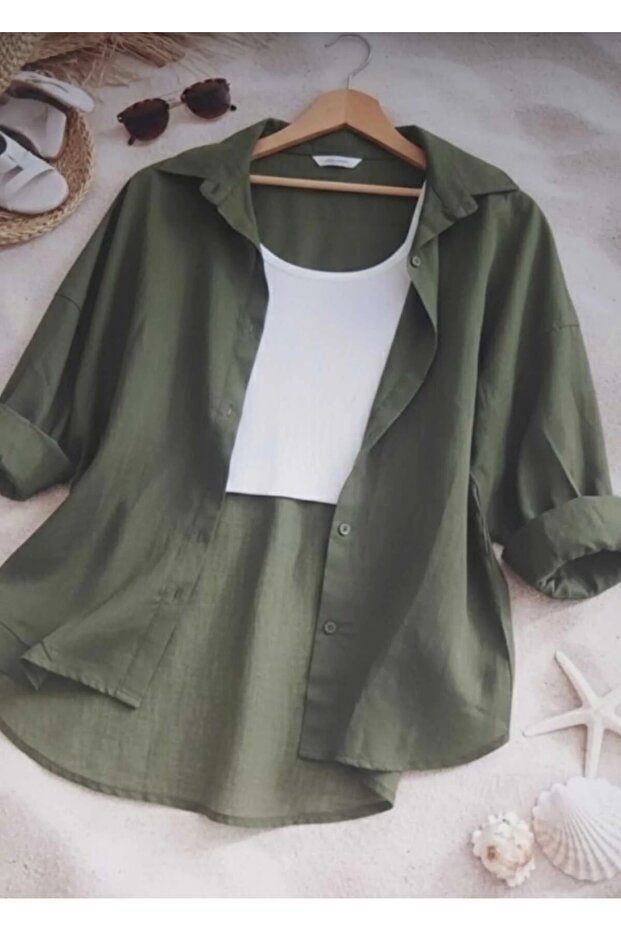 Women's Oversized Khaki Green Linen Shirt – Summer Collection
