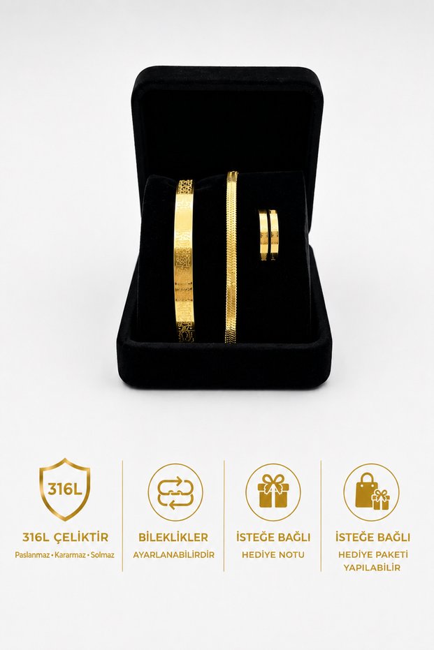 Ayetel Kürsi̇ Bracelet Ayetel Kürsi̇ Bracelet and Italian Steel Bracelet Gold Color 3-Piece Set