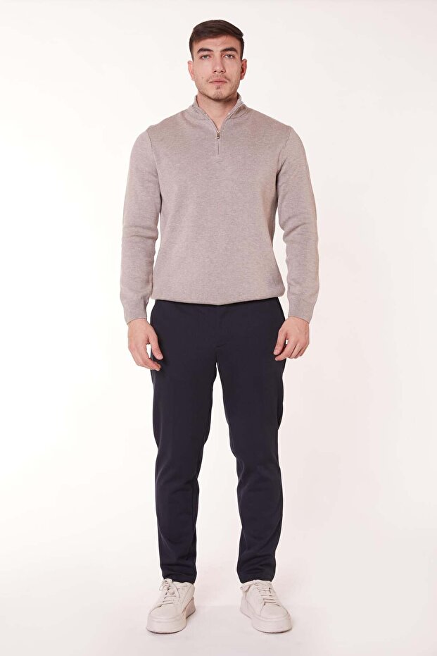 Men's Side Pocket Half Elastic Waist Slim Fit Chino Navy Blue Trousers