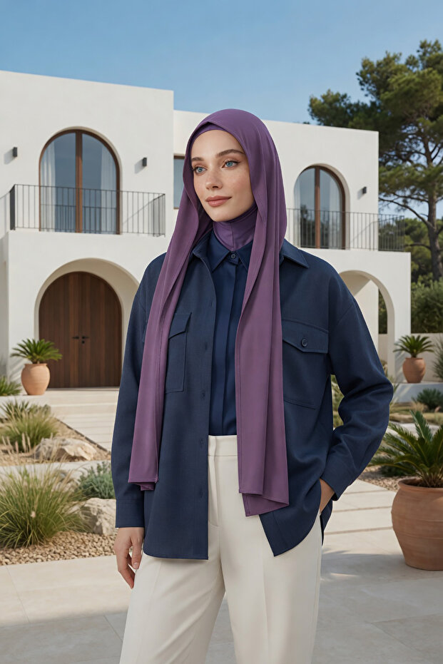 Crepe Shawl & Combed Cotton Bonnet Two-Piece Set, Ps-56, Purple 2 - Purple