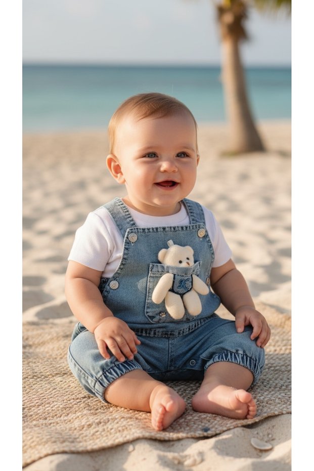 Toyed Jeans Salopet T-Shirt Two Piece Baby Set, Denim Jumpsuit T-Shirt Set