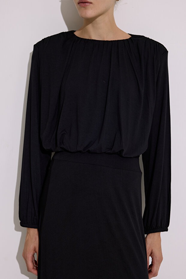 Draped Balloon Shape Blouse Black - 5