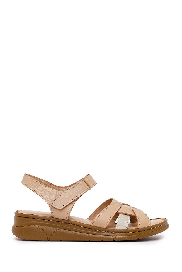 Women's Beige Strappy Leather Comfort Sandals 26Sfd322018