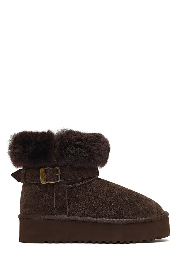 Women's Brown Thick Soled Fur Detailed Suede Leather Teddy Boots 25Wfd492410