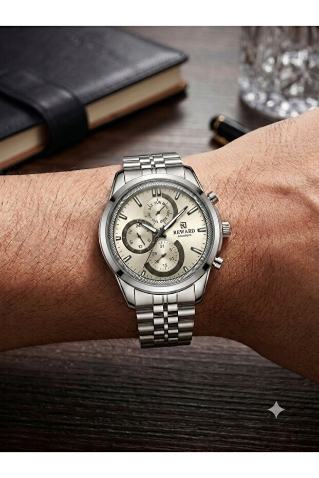 Men's Silver Metal Cord Cream Dial Function Wristwatch 2 Year Warranty