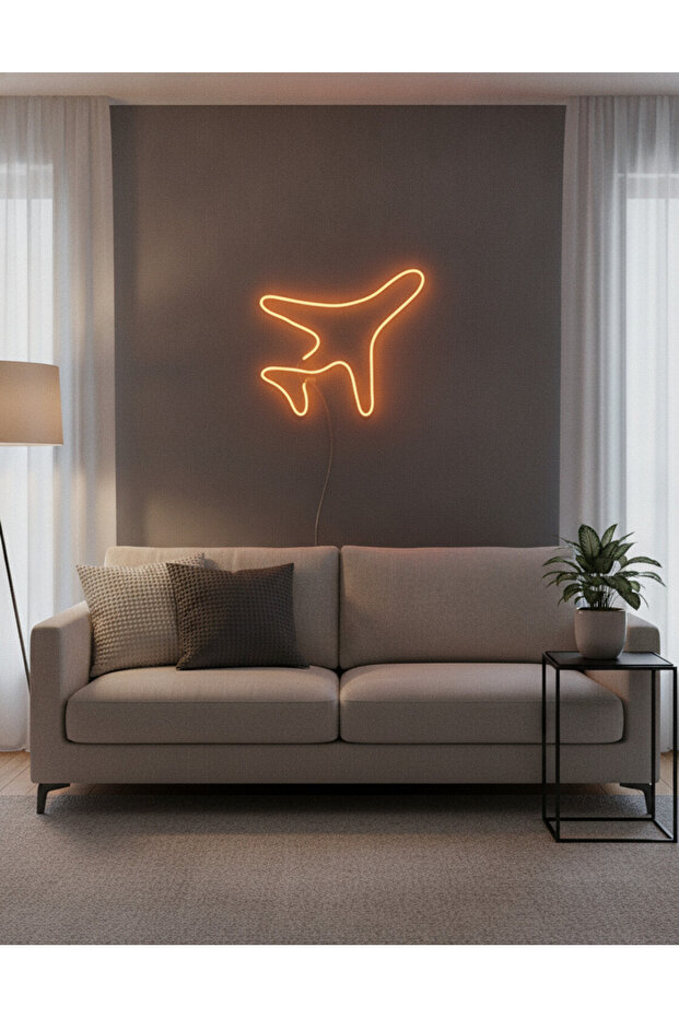 Uçak Figürlü LED Neon Duvar Tablosu | Amber Aydınlatmalı Modern Dekor | Çocuk Genç Odası - 2