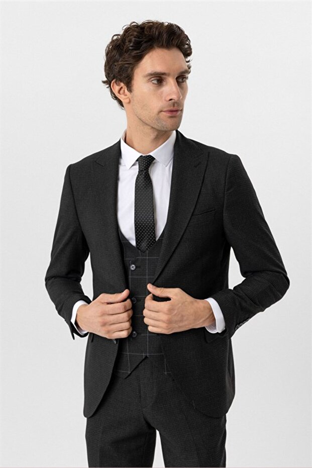Cavalry Slim Fit 6 Drop Patterned Combination Black Suit - 4