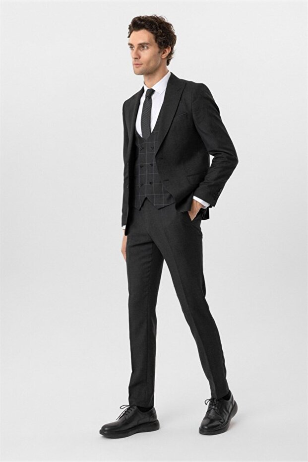 Cavalry Slim Fit 6 Drop Patterned Combination Black Suit - 6