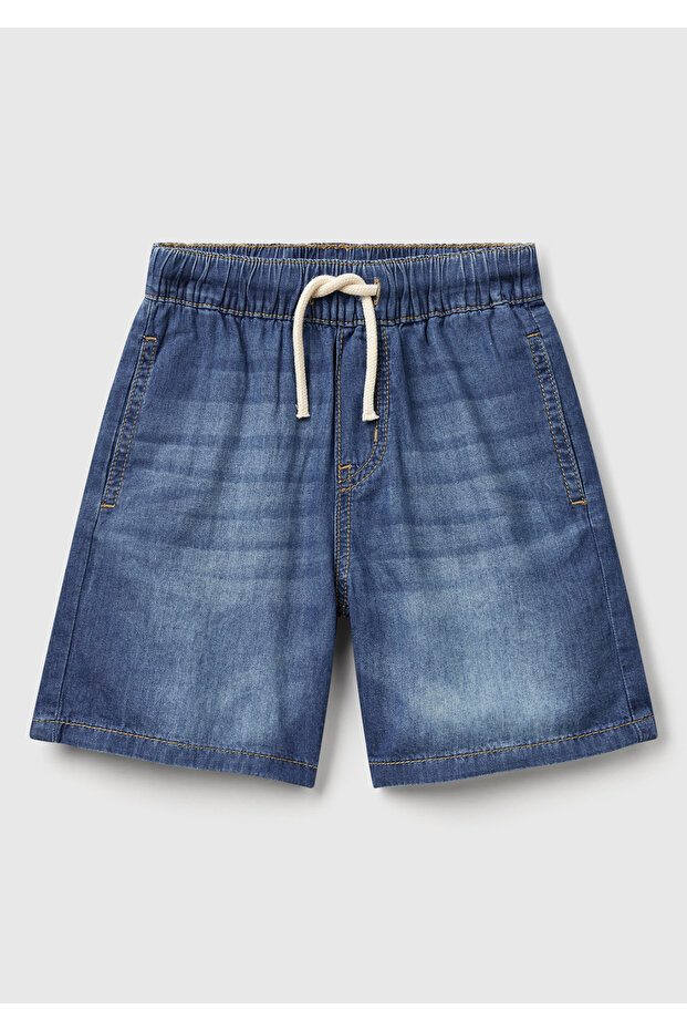 Boy's Dark Denim Back Pocket Logo Detail Drawstring Denim Bermuda Shorts