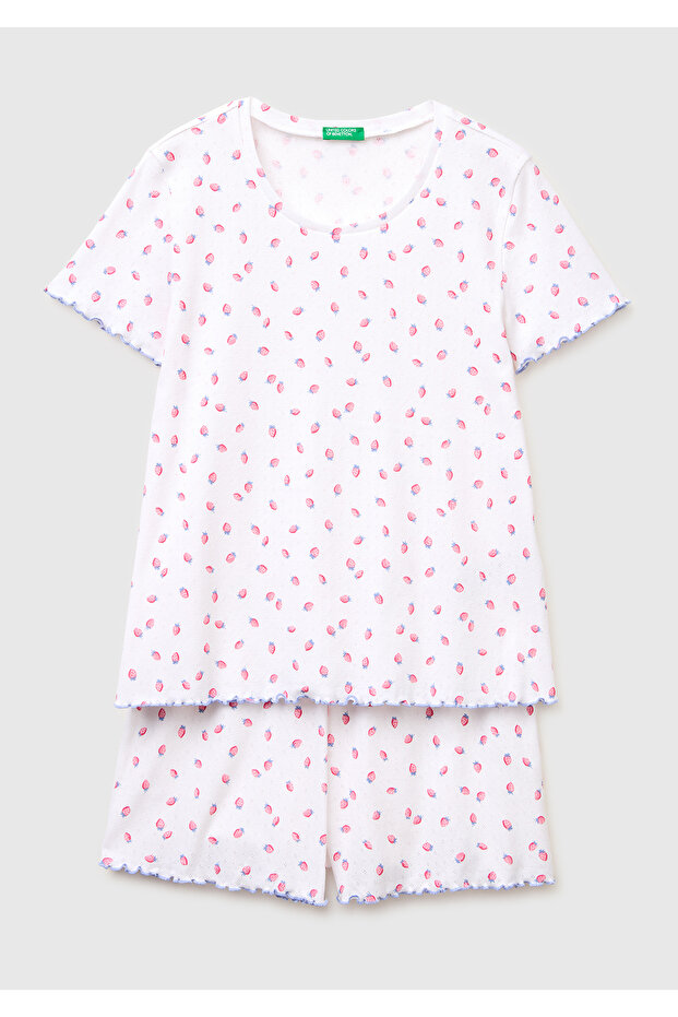 Women's White 100% Cotton Ruffle Detailed Patterned Pajama Set