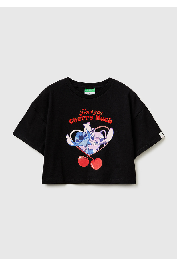 Girl's black water-based printed embroidered sleeve logo detailed boxy fit t-shirt