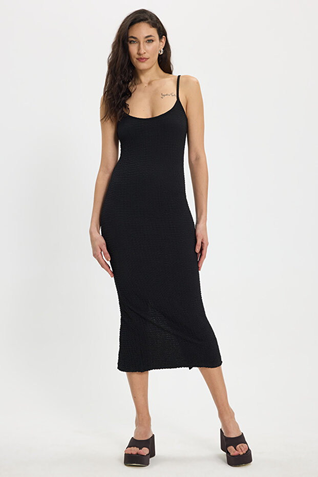 Women's Slim Fit Bodycon Strappy Lycra Midi Length Black Dress