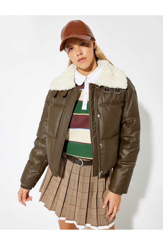 Faux Leather Collar Fur Puffer Jacket with Zipper and Wind Cover Pocket