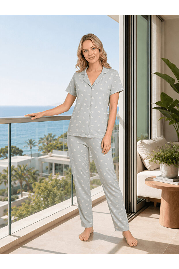 Women's Summer Heart Patterned Buttoned Short Sleeve Pajama Set 78-111